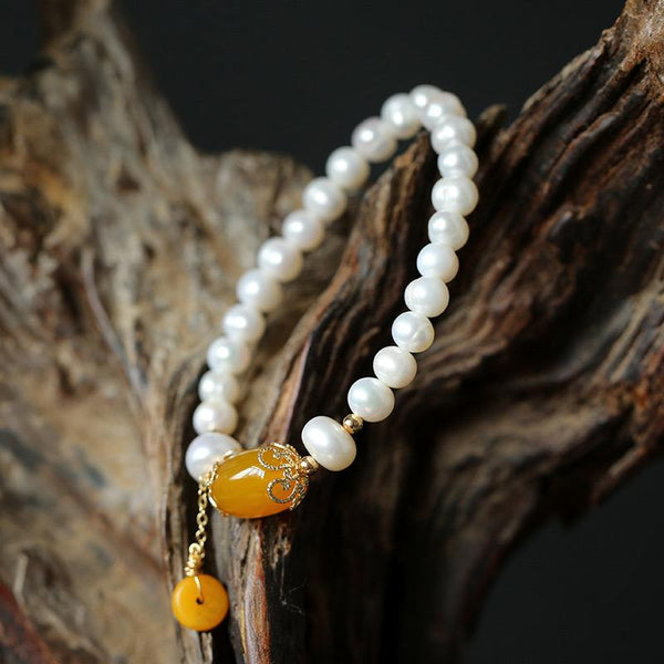 Bracciale di perle naturali e elementi di agata e calcedonio - Harmoondy