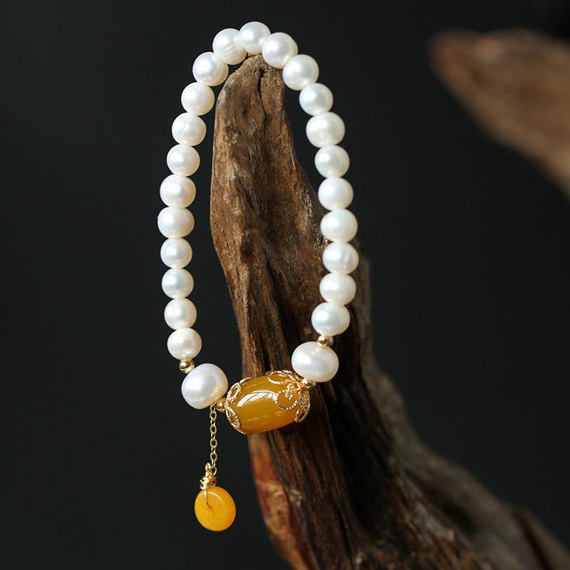 Bracciale di perle naturali e elementi di agata e calcedonio - Harmoondy